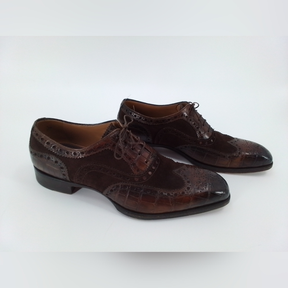 DI Bianco Scarpe Dress Shoe Oxford BROWN SUEDE & ALLIGATOR Wingtip Leather sz 10 - Picture 5 of 12